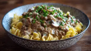Notes / Tips / Variations: For a perfectly creamy, non-curdled sauce, use full-fat, room-temperature sour cream and stir it in OFF the heat. This dish is also delicious served over mashed potatoes or rice. Ground turkey can be substituted for a lighter version.