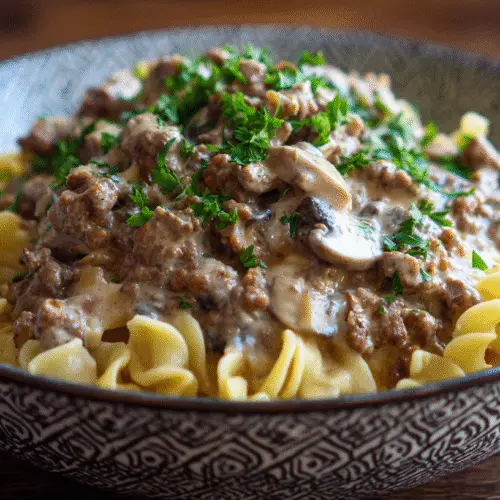 Notes / Tips / Variations: For a perfectly creamy, non-curdled sauce, use full-fat, room-temperature sour cream and stir it in OFF the heat. This dish is also delicious served over mashed potatoes or rice. Ground turkey can be substituted for a lighter version.