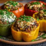 Notes / Tips / Variations: Pre-baking the peppers ensures they are tender. The stuffed peppers can be assembled up to 24 hours in advance and refrigerated before baking. For a vegetarian version, use lentils and mushrooms instead of beef.