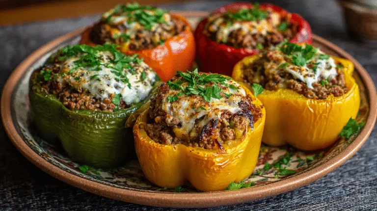 Notes / Tips / Variations: Pre-baking the peppers ensures they are tender. The stuffed peppers can be assembled up to 24 hours in advance and refrigerated before baking. For a vegetarian version, use lentils and mushrooms instead of beef.