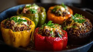 Notes / Tips / Variations: Pre-baking the peppers ensures they are tender. The stuffed peppers can be assembled up to 24 hours in advance and refrigerated before baking. For a vegetarian version, use lentils and mushrooms instead of beef.