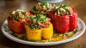 Notes / Tips / Variations: Pre-baking the peppers ensures they are tender. The stuffed peppers can be assembled up to 24 hours in advance and refrigerated before baking. For a vegetarian version, use lentils and mushrooms instead of beef.