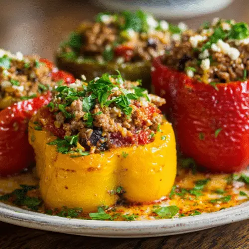 Notes / Tips / Variations: Pre-baking the peppers ensures they are tender. The stuffed peppers can be assembled up to 24 hours in advance and refrigerated before baking. For a vegetarian version, use lentils and mushrooms instead of beef.