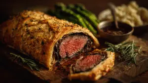 There are meals, and then there is Beef Wellington. It is, without question, the ultimate culinary showstopper. The kind of dish that elicits gasps of admiration when you bring it to the table and a moment of reverent silence after the first bite. It has a reputation for being notoriously difficult, a recipe reserved for professional chefs. Today, I’m here to demystify this masterpiece and show you that with a little patience and a clear plan, you can absolutely conquer it in your own kitchen. This is my complete Classic Beef Wellington Recipe – Step by Step Guide. We are going to create a true work of art: a perfectly cooked, rosy-pink, and unbelievably tender center-cut beef tenderloin, encased in a deeply savory mushroom duxelles and a layer of salty prosciutto, all wrapped up in a golden, flaky, buttery puff pastry crust that shatters at the touch of a fork. This is not a simple weeknight dinner; this is a rewarding weekend project, a celebration meal, the perfect centerpiece for a holiday like Christmas (Weihnachten) or a special birthday here in Cologne. Follow me, step by step, and I promise you will create a meal that you and your loved ones will never forget. Conquering the Ultimate Culinary Showstopper The Beef Wellington is a dish of pure luxury with a storied history. At its heart, it’s a celebration of the finest cut of beef—the tenderloin—and the transformative power of classic French techniques. It’s the kind of dish that feels like a special occasion in and of itself. My goal with this guide is to break down what seems like an intimidating process into a series of simple, manageable stages. The key to a successful Wellington is not about being a world-class chef; it's about preparation, patience, and chilling. Each layer serves a purpose: the mustard adds a tangy kick, the mushroom duxelles provides an earthy depth, the prosciutto seasons the beef and creates a crucial moisture barrier, and the puff pastry provides that glorious, golden, crunchy exterior. When it all comes together, it's culinary magic. Why This Recipe is Worth the Effort: An Unforgettable "Wow" Moment: Slicing into a perfect Beef Wellington at the table is a moment of pure culinary theatre. It is the definition of a showstopper. Incredible Combination of Flavors & Textures: You get the tender, juicy beef, the savory, earthy mushrooms, the salty prosciutto, and the crisp, buttery pastry all in one perfect bite. A Detailed, Foolproof Guide: I will hold your hand through every single stage, with clear instructions and crucial tips to ensure your success and prevent the dreaded "soggy bottom." The Perfect Make-Ahead Showstopper: The beauty of this recipe is that all the main prep can be done the day before, leaving you with just the final bake on the day of your event. Ingredients & Equipment For the Beef and Duxelles: Center-Cut Beef Tenderloin (Rinderfilet im Mittelstück): about 1 kg (2-2.5 lbs), trimmed. Olive Oil: 2 tablespoons. English or Dijon Mustard: 2 tablespoons. Cremini/Chestnut Mushrooms: 450g (1 lb). Shallots: 2, finely chopped. Fresh Thyme: 1 tablespoon, leaves only. Unsalted Butter: 1 tablespoon. Dry White Wine: 60 ml (¼ cup). Prosciutto (or Parmaschinken): 12 thin slices. For Assembly and Baking: All-Butter Puff Pastry (Blätterteig): 1 large sheet (about 400-500g). All-Purpose Flour: For dusting. Egg Yolks: 2, beaten with 1 tablespoon of heavy cream for the egg wash. Coarse Sea Salt: For sprinkling on top. Essential Equipment: A large skillet. A food processor. Plastic wrap. A sharp knife. A pastry brush. A large baking sheet lined with parchment paper. An instant-read meat thermometer. This is not optional; it is the key to success. Time Estimates Active Prep Time: 1 hour Chilling Time: At least 1 hour (can be done overnight) Cook Time: 20-25 minutes Total Time: Approximately 2.5 - 3 hours (with a lot of inactive chilling time) Step-by-Step Instructions Follow these stages carefully. Remember, chilling is your best friend. Stage 1: Sear and Cool the Beef Pat the beef tenderloin completely dry and season it very generously on all sides with salt and pepper. Heat the olive oil in a large skillet over high heat until it's almost smoking. Carefully sear the tenderloin for 1-2 minutes on all sides—including the ends—until it has a beautiful, deep brown crust. Immediately remove from the pan and place it on a wire rack to cool completely. Once cool, brush the entire surface of the beef with the mustard. Stage 2: Make the Mushroom Duxelles While the beef cools, make the duxelles. Add the mushrooms, shallots, and thyme to a food processor and pulse until they are very finely minced into a paste-like consistency. Melt the butter in the same skillet over medium heat. Add the mushroom mixture and cook, stirring occasionally, for 10-15 minutes. The mixture will release a lot of water. Continue cooking until all the water has evaporated and the mixture is dry and paste-like. This is critical to prevent a soggy pastry. Pour in the white wine and cook for another 2 minutes until it has evaporated. Remove from the heat and let the duxelles cool completely. Stage 3: The First Wrap (Prosciutto & Duxelles) Lay a large piece of plastic wrap on your counter. Arrange the slices of prosciutto on it in a rectangle, overlapping them slightly to create a solid sheet. Spread the cooled mushroom duxelles evenly over the prosciutto. Place the cooled, mustard-coated beef tenderloin at the bottom edge of the prosciutto. Using the plastic wrap to help you, tightly roll the beef up in the prosciutto-duxelles blanket, creating a snug, uniform cylinder. Twist the ends of the plastic wrap tightly like a sausage to secure it. Stage 4: CHILL THE BEEF LOG Place the tightly wrapped beef log in the refrigerator to chill and firm up for at least 30 minutes, or up to 24 hours. This is a crucial step. Stage 5: The Final Wrap (Puff Pastry) Lightly flour your work surface. Unroll your sheet of puff pastry. Remove the beef from the plastic wrap and place it on the pastry. Gently wrap the pastry around the beef, trimming any excess so you have just enough to overlap slightly. Press the seam to seal it. Fold the ends in neatly like you're wrapping a present and seal. Place the Wellington, seam-side down, on a parchment-lined baking sheet. Stage 6: Decorate and CHILL AGAIN If you have leftover pastry, you can cut thin strips and create a lattice pattern on top. Brush the entire Wellington with the prepared egg wash. Use the back of a knife to gently score the pastry if you like. Sprinkle with coarse sea salt. Chill the wrapped Wellington in the refrigerator for at least 30 more minutes. This ensures the pastry is cold, which will make it extra flaky. Stage 7: Bake to Golden Perfection Preheat your oven to 200°C (400°F). Bake the chilled Wellington for 20-25 minutes. The pastry should be beautifully golden brown and puffed. The exact time will depend on your oven and the size of your tenderloin. Start checking the internal temperature after 15 minutes. You are looking for 52°C (125-130°F) for medium-rare. Stage 8: REST! (Absolutely Mandatory!) This is the final, crucial step. Transfer the baked Wellington to a cutting board and let it rest for a full 10-15 minutes before slicing. If you cut into it immediately, all the delicious juices will run out. Notes, Tips & Variations How to Avoid a "Soggy Bottom": The three keys are: 1) A very dry mushroom duxelles. 2) The prosciutto wrap, which acts as a barrier. 3) Placing the Wellington on a preheated baking sheet can also help crisp up the bottom crust. The Meat Thermometer is NOT Optional: This is an expensive cut of meat. The only way to guarantee it is not overcooked is to use an instant-read thermometer. It is the most important tool for this recipe. The Perfect Make-Ahead Strategy: You can complete this recipe up to Stage 4 and keep the prosciutto-wrapped beef log in the fridge for up to 24 hours. This breaks up the work and makes the final assembly and baking much less stressful. Serving Suggestions: A classic Beef Wellington is a showstopper that deserves elegant sides. It's perfect with My Classic Red Wine Reduction Sauce, creamy mashed potatoes, roasted asparagus, or simple glazed carrots.