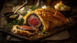 There are meals, and then there is Beef Wellington. It is, without question, the ultimate culinary showstopper. The kind of dish that elicits gasps of admiration when you bring it to the table and a moment of reverent silence after the first bite. It has a reputation for being notoriously difficult, a recipe reserved for professional chefs. Today, I’m here to demystify this masterpiece and show you that with a little patience and a clear plan, you can absolutely conquer it in your own kitchen.

This is my complete Classic Beef Wellington Recipe – Step by Step Guide. We are going to create a true work of art: a perfectly cooked, rosy-pink, and unbelievably tender center-cut beef tenderloin, encased in a deeply savory mushroom duxelles and a layer of salty prosciutto, all wrapped up in a golden, flaky, buttery puff pastry crust that shatters at the touch of a fork.

This is not a simple weeknight dinner; this is a rewarding weekend project, a celebration meal, the perfect centerpiece for a holiday like Christmas (Weihnachten) or a special birthday here in Cologne. Follow me, step by step, and I promise you will create a meal that you and your loved ones will never forget.

Conquering the Ultimate Culinary Showstopper
The Beef Wellington is a dish of pure luxury with a storied history. At its heart, it’s a celebration of the finest cut of beef—the tenderloin—and the transformative power of classic French techniques. It’s the kind of dish that feels like a special occasion in and of itself.

My goal with this guide is to break down what seems like an intimidating process into a series of simple, manageable stages. The key to a successful Wellington is not about being a world-class chef; it's about preparation, patience, and chilling. Each layer serves a purpose: the mustard adds a tangy kick, the mushroom duxelles provides an earthy depth, the prosciutto seasons the beef and creates a crucial moisture barrier, and the puff pastry provides that glorious, golden, crunchy exterior. When it all comes together, it's culinary magic.

Why This Recipe is Worth the Effort:

An Unforgettable "Wow" Moment: Slicing into a perfect Beef Wellington at the table is a moment of pure culinary theatre. It is the definition of a showstopper.

Incredible Combination of Flavors & Textures: You get the tender, juicy beef, the savory, earthy mushrooms, the salty prosciutto, and the crisp, buttery pastry all in one perfect bite.

A Detailed, Foolproof Guide: I will hold your hand through every single stage, with clear instructions and crucial tips to ensure your success and prevent the dreaded "soggy bottom."

The Perfect Make-Ahead Showstopper: The beauty of this recipe is that all the main prep can be done the day before, leaving you with just the final bake on the day of your event.

Ingredients & Equipment
For the Beef and Duxelles:

Center-Cut Beef Tenderloin (Rinderfilet im Mittelstück): about 1 kg (2-2.5 lbs), trimmed.

Olive Oil: 2 tablespoons.

English or Dijon Mustard: 2 tablespoons.

Cremini/Chestnut Mushrooms: 450g (1 lb).

Shallots: 2, finely chopped.

Fresh Thyme: 1 tablespoon, leaves only.

Unsalted Butter: 1 tablespoon.

Dry White Wine: 60 ml (¼ cup).

Prosciutto (or Parmaschinken): 12 thin slices.

For Assembly and Baking:

All-Butter Puff Pastry (Blätterteig): 1 large sheet (about 400-500g).

All-Purpose Flour: For dusting.

Egg Yolks: 2, beaten with 1 tablespoon of heavy cream for the egg wash.

Coarse Sea Salt: For sprinkling on top.

Essential Equipment:

A large skillet.

A food processor.

Plastic wrap.

A sharp knife.

A pastry brush.

A large baking sheet lined with parchment paper.

An instant-read meat thermometer. This is not optional; it is the key to success.

Time Estimates
Active Prep Time: 1 hour

Chilling Time: At least 1 hour (can be done overnight)

Cook Time: 20-25 minutes

Total Time: Approximately 2.5 - 3 hours (with a lot of inactive chilling time)

Step-by-Step Instructions
Follow these stages carefully. Remember, chilling is your best friend.

Stage 1: Sear and Cool the Beef
Pat the beef tenderloin completely dry and season it very generously on all sides with salt and pepper. Heat the olive oil in a large skillet over high heat until it's almost smoking. Carefully sear the tenderloin for 1-2 minutes on all sides—including the ends—until it has a beautiful, deep brown crust. Immediately remove from the pan and place it on a wire rack to cool completely. Once cool, brush the entire surface of the beef with the mustard.

Stage 2: Make the Mushroom Duxelles
While the beef cools, make the duxelles. Add the mushrooms, shallots, and thyme to a food processor and pulse until they are very finely minced into a paste-like consistency.
Melt the butter in the same skillet over medium heat. Add the mushroom mixture and cook, stirring occasionally, for 10-15 minutes. The mixture will release a lot of water. Continue cooking until all the water has evaporated and the mixture is dry and paste-like. This is critical to prevent a soggy pastry. Pour in the white wine and cook for another 2 minutes until it has evaporated. Remove from the heat and let the duxelles cool completely.

Stage 3: The First Wrap (Prosciutto & Duxelles)
Lay a large piece of plastic wrap on your counter. Arrange the slices of prosciutto on it in a rectangle, overlapping them slightly to create a solid sheet. Spread the cooled mushroom duxelles evenly over the prosciutto.
Place the cooled, mustard-coated beef tenderloin at the bottom edge of the prosciutto. Using the plastic wrap to help you, tightly roll the beef up in the prosciutto-duxelles blanket, creating a snug, uniform cylinder. Twist the ends of the plastic wrap tightly like a sausage to secure it.

Stage 4: CHILL THE BEEF LOG
Place the tightly wrapped beef log in the refrigerator to chill and firm up for at least 30 minutes, or up to 24 hours. This is a crucial step.

Stage 5: The Final Wrap (Puff Pastry)
Lightly flour your work surface. Unroll your sheet of puff pastry. Remove the beef from the plastic wrap and place it on the pastry. Gently wrap the pastry around the beef, trimming any excess so you have just enough to overlap slightly. Press the seam to seal it. Fold the ends in neatly like you're wrapping a present and seal. Place the Wellington, seam-side down, on a parchment-lined baking sheet.

Stage 6: Decorate and CHILL AGAIN
If you have leftover pastry, you can cut thin strips and create a lattice pattern on top. Brush the entire Wellington with the prepared egg wash. Use the back of a knife to gently score the pastry if you like. Sprinkle with coarse sea salt.
Chill the wrapped Wellington in the refrigerator for at least 30 more minutes. This ensures the pastry is cold, which will make it extra flaky.

Stage 7: Bake to Golden Perfection
Preheat your oven to 200°C (400°F).
Bake the chilled Wellington for 20-25 minutes. The pastry should be beautifully golden brown and puffed. The exact time will depend on your oven and the size of your tenderloin. Start checking the internal temperature after 15 minutes. You are looking for 52°C (125-130°F) for medium-rare.

Stage 8: REST! (Absolutely Mandatory!)
This is the final, crucial step. Transfer the baked Wellington to a cutting board and let it rest for a full 10-15 minutes before slicing. If you cut into it immediately, all the delicious juices will run out.

Notes, Tips & Variations
How to Avoid a "Soggy Bottom": The three keys are: 1) A very dry mushroom duxelles. 2) The prosciutto wrap, which acts as a barrier. 3) Placing the Wellington on a preheated baking sheet can also help crisp up the bottom crust.

The Meat Thermometer is NOT Optional: This is an expensive cut of meat. The only way to guarantee it is not overcooked is to use an instant-read thermometer. It is the most important tool for this recipe.

The Perfect Make-Ahead Strategy: You can complete this recipe up to Stage 4 and keep the prosciutto-wrapped beef log in the fridge for up to 24 hours. This breaks up the work and makes the final assembly and baking much less stressful.

Serving Suggestions: A classic Beef Wellington is a showstopper that deserves elegant sides. It's perfect with My Classic Red Wine Reduction Sauce, creamy mashed potatoes, roasted asparagus, or simple glazed carrots.