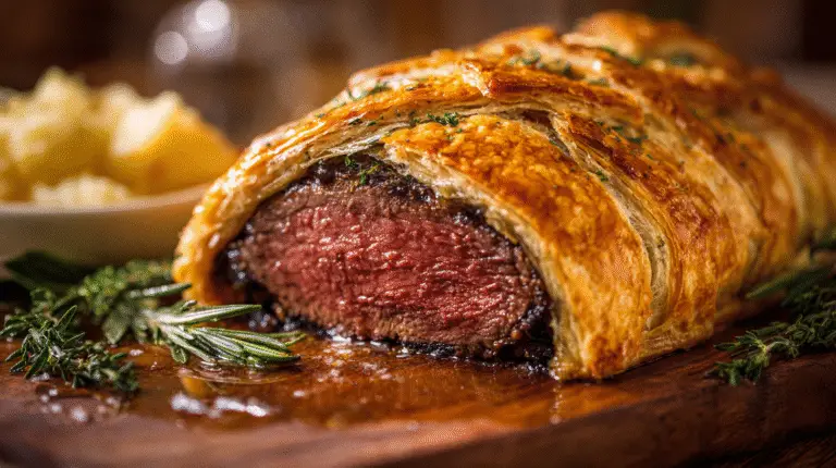 There are meals, and then there is Beef Wellington. It is, without question, the ultimate culinary showstopper. The kind of dish that elicits gasps of admiration when you bring it to the table and a moment of reverent silence after the first bite. It has a reputation for being notoriously difficult, a recipe reserved for professional chefs. Today, I’m here to demystify this masterpiece and show you that with a little patience and a clear plan, you can absolutely conquer it in your own kitchen. This is my complete Classic Beef Wellington Recipe – Step by Step Guide. We are going to create a true work of art: a perfectly cooked, rosy-pink, and unbelievably tender center-cut beef tenderloin, encased in a deeply savory mushroom duxelles and a layer of salty prosciutto, all wrapped up in a golden, flaky, buttery puff pastry crust that shatters at the touch of a fork. This is not a simple weeknight dinner; this is a rewarding weekend project, a celebration meal, the perfect centerpiece for a holiday like Christmas (Weihnachten) or a special birthday here in Cologne. Follow me, step by step, and I promise you will create a meal that you and your loved ones will never forget. Conquering the Ultimate Culinary Showstopper The Beef Wellington is a dish of pure luxury with a storied history. At its heart, it’s a celebration of the finest cut of beef—the tenderloin—and the transformative power of classic French techniques. It’s the kind of dish that feels like a special occasion in and of itself. My goal with this guide is to break down what seems like an intimidating process into a series of simple, manageable stages. The key to a successful Wellington is not about being a world-class chef; it's about preparation, patience, and chilling. Each layer serves a purpose: the mustard adds a tangy kick, the mushroom duxelles provides an earthy depth, the prosciutto seasons the beef and creates a crucial moisture barrier, and the puff pastry provides that glorious, golden, crunchy exterior. When it all comes together, it's culinary magic. Why This Recipe is Worth the Effort: An Unforgettable "Wow" Moment: Slicing into a perfect Beef Wellington at the table is a moment of pure culinary theatre. It is the definition of a showstopper. Incredible Combination of Flavors & Textures: You get the tender, juicy beef, the savory, earthy mushrooms, the salty prosciutto, and the crisp, buttery pastry all in one perfect bite. A Detailed, Foolproof Guide: I will hold your hand through every single stage, with clear instructions and crucial tips to ensure your success and prevent the dreaded "soggy bottom." The Perfect Make-Ahead Showstopper: The beauty of this recipe is that all the main prep can be done the day before, leaving you with just the final bake on the day of your event. Ingredients & Equipment For the Beef and Duxelles: Center-Cut Beef Tenderloin (Rinderfilet im Mittelstück): about 1 kg (2-2.5 lbs), trimmed. Olive Oil: 2 tablespoons. English or Dijon Mustard: 2 tablespoons. Cremini/Chestnut Mushrooms: 450g (1 lb). Shallots: 2, finely chopped. Fresh Thyme: 1 tablespoon, leaves only. Unsalted Butter: 1 tablespoon. Dry White Wine: 60 ml (¼ cup). Prosciutto (or Parmaschinken): 12 thin slices. For Assembly and Baking: All-Butter Puff Pastry (Blätterteig): 1 large sheet (about 400-500g). All-Purpose Flour: For dusting. Egg Yolks: 2, beaten with 1 tablespoon of heavy cream for the egg wash. Coarse Sea Salt: For sprinkling on top. Essential Equipment: A large skillet. A food processor. Plastic wrap. A sharp knife. A pastry brush. A large baking sheet lined with parchment paper. An instant-read meat thermometer. This is not optional; it is the key to success. Time Estimates Active Prep Time: 1 hour Chilling Time: At least 1 hour (can be done overnight) Cook Time: 20-25 minutes Total Time: Approximately 2.5 - 3 hours (with a lot of inactive chilling time) Step-by-Step Instructions Follow these stages carefully. Remember, chilling is your best friend. Stage 1: Sear and Cool the Beef Pat the beef tenderloin completely dry and season it very generously on all sides with salt and pepper. Heat the olive oil in a large skillet over high heat until it's almost smoking. Carefully sear the tenderloin for 1-2 minutes on all sides—including the ends—until it has a beautiful, deep brown crust. Immediately remove from the pan and place it on a wire rack to cool completely. Once cool, brush the entire surface of the beef with the mustard. Stage 2: Make the Mushroom Duxelles While the beef cools, make the duxelles. Add the mushrooms, shallots, and thyme to a food processor and pulse until they are very finely minced into a paste-like consistency. Melt the butter in the same skillet over medium heat. Add the mushroom mixture and cook, stirring occasionally, for 10-15 minutes. The mixture will release a lot of water. Continue cooking until all the water has evaporated and the mixture is dry and paste-like. This is critical to prevent a soggy pastry. Pour in the white wine and cook for another 2 minutes until it has evaporated. Remove from the heat and let the duxelles cool completely. Stage 3: The First Wrap (Prosciutto & Duxelles) Lay a large piece of plastic wrap on your counter. Arrange the slices of prosciutto on it in a rectangle, overlapping them slightly to create a solid sheet. Spread the cooled mushroom duxelles evenly over the prosciutto. Place the cooled, mustard-coated beef tenderloin at the bottom edge of the prosciutto. Using the plastic wrap to help you, tightly roll the beef up in the prosciutto-duxelles blanket, creating a snug, uniform cylinder. Twist the ends of the plastic wrap tightly like a sausage to secure it. Stage 4: CHILL THE BEEF LOG Place the tightly wrapped beef log in the refrigerator to chill and firm up for at least 30 minutes, or up to 24 hours. This is a crucial step. Stage 5: The Final Wrap (Puff Pastry) Lightly flour your work surface. Unroll your sheet of puff pastry. Remove the beef from the plastic wrap and place it on the pastry. Gently wrap the pastry around the beef, trimming any excess so you have just enough to overlap slightly. Press the seam to seal it. Fold the ends in neatly like you're wrapping a present and seal. Place the Wellington, seam-side down, on a parchment-lined baking sheet. Stage 6: Decorate and CHILL AGAIN If you have leftover pastry, you can cut thin strips and create a lattice pattern on top. Brush the entire Wellington with the prepared egg wash. Use the back of a knife to gently score the pastry if you like. Sprinkle with coarse sea salt. Chill the wrapped Wellington in the refrigerator for at least 30 more minutes. This ensures the pastry is cold, which will make it extra flaky. Stage 7: Bake to Golden Perfection Preheat your oven to 200°C (400°F). Bake the chilled Wellington for 20-25 minutes. The pastry should be beautifully golden brown and puffed. The exact time will depend on your oven and the size of your tenderloin. Start checking the internal temperature after 15 minutes. You are looking for 52°C (125-130°F) for medium-rare. Stage 8: REST! (Absolutely Mandatory!) This is the final, crucial step. Transfer the baked Wellington to a cutting board and let it rest for a full 10-15 minutes before slicing. If you cut into it immediately, all the delicious juices will run out. Notes, Tips & Variations How to Avoid a "Soggy Bottom": The three keys are: 1) A very dry mushroom duxelles. 2) The prosciutto wrap, which acts as a barrier. 3) Placing the Wellington on a preheated baking sheet can also help crisp up the bottom crust. The Meat Thermometer is NOT Optional: This is an expensive cut of meat. The only way to guarantee it is not overcooked is to use an instant-read thermometer. It is the most important tool for this recipe. The Perfect Make-Ahead Strategy: You can complete this recipe up to Stage 4 and keep the prosciutto-wrapped beef log in the fridge for up to 24 hours. This breaks up the work and makes the final assembly and baking much less stressful. Serving Suggestions: A classic Beef Wellington is a showstopper that deserves elegant sides. It's perfect with My Classic Red Wine Reduction Sauce, creamy mashed potatoes, roasted asparagus, or simple glazed carrots.